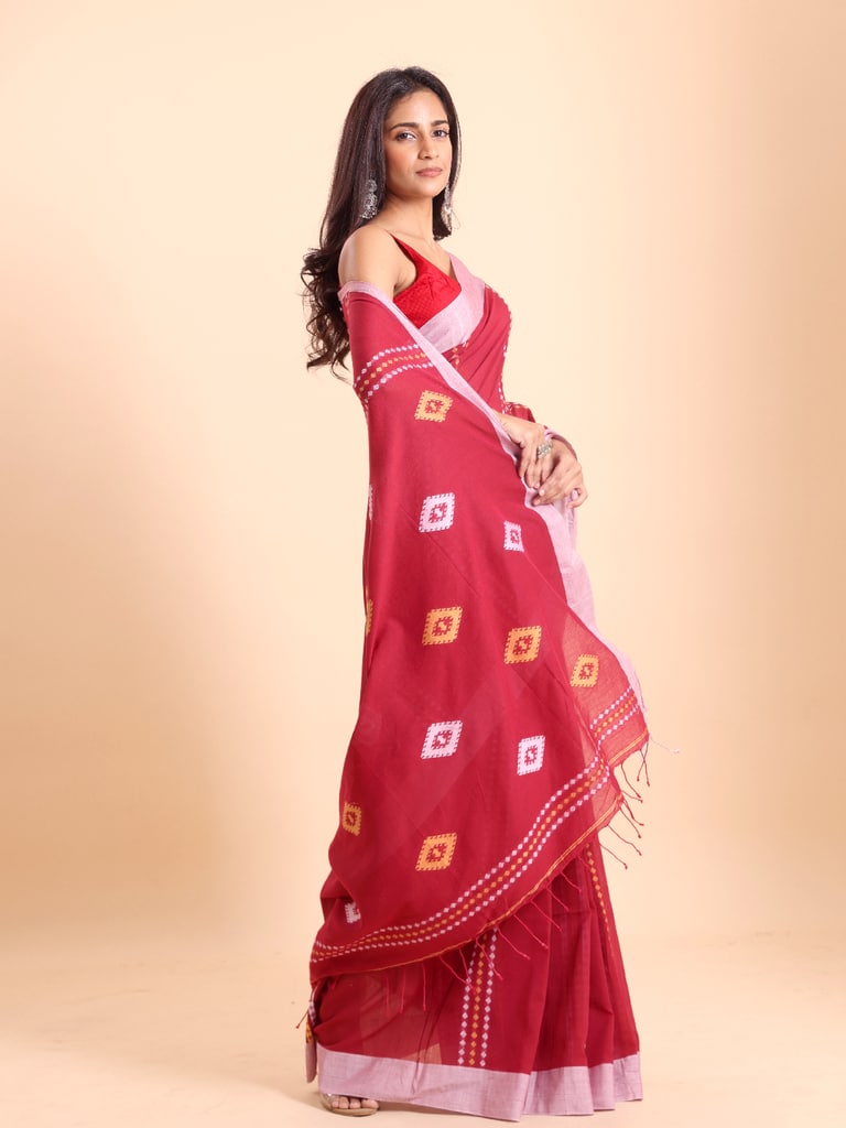 Handloom Chain Daimond Jamdani Saree - Red