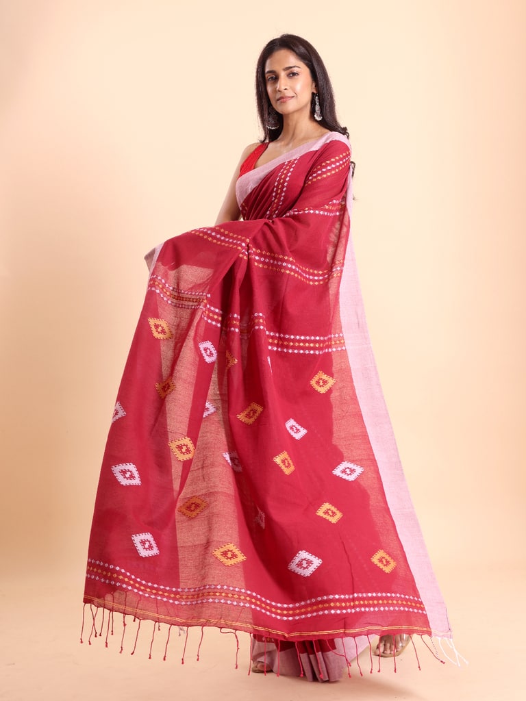 Handloom Chain Daimond Jamdani Saree - Red