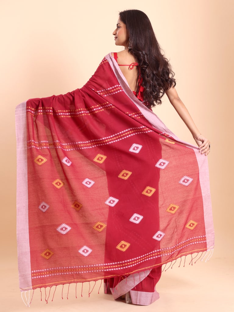 Handloom Chain Daimond Jamdani Saree - Red