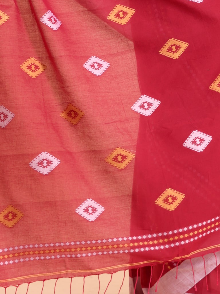 Handloom Chain Daimond Jamdani Saree - Red
