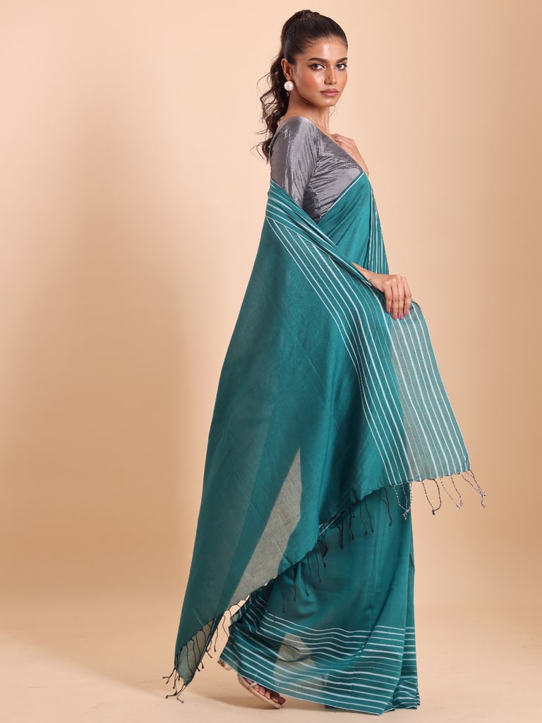 Handloom Cotton Barcode Saree - Turquoise