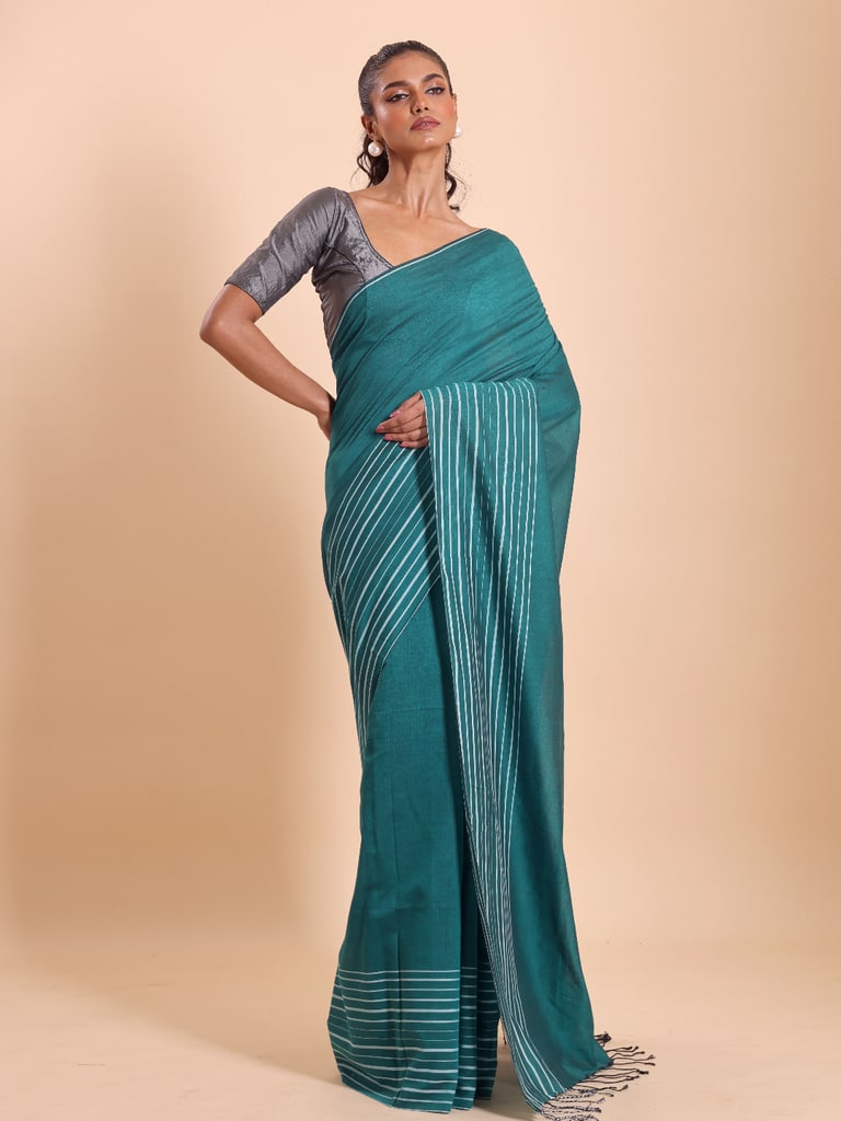 Handloom Cotton Barcode Saree - Turquoise