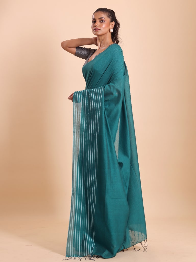 Handloom Cotton Barcode Saree - Turquoise