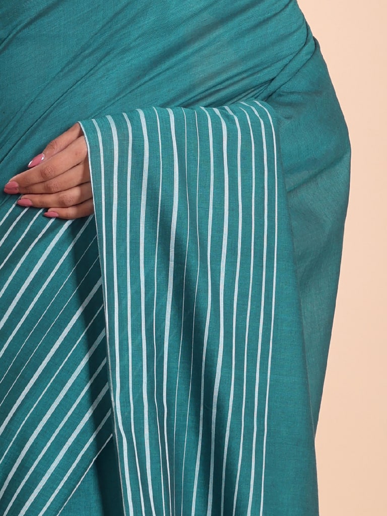 Handloom Cotton Barcode Saree - Turquoise
