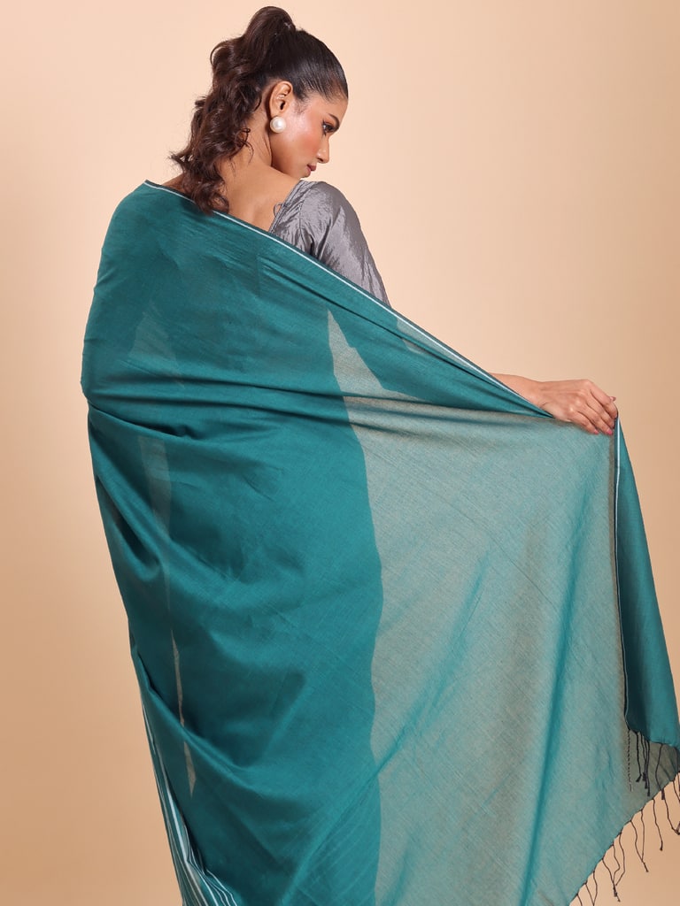 Handloom Cotton Barcode Saree - Turquoise
