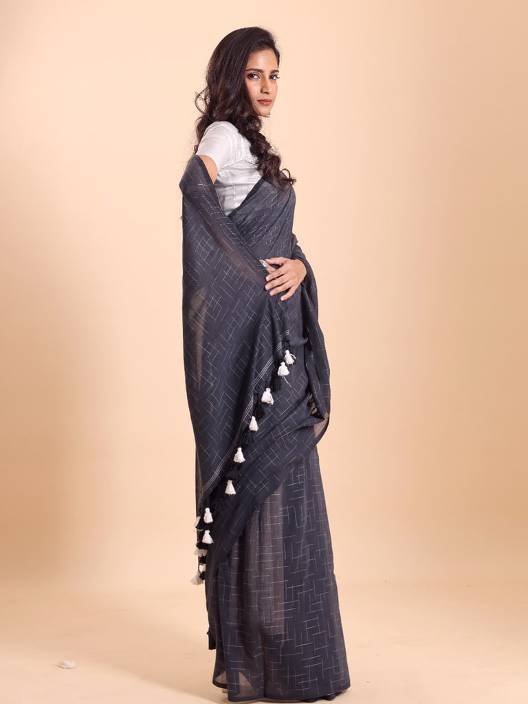 Handloom Malmal Cotton Tie-Dye Saree - Charcoal