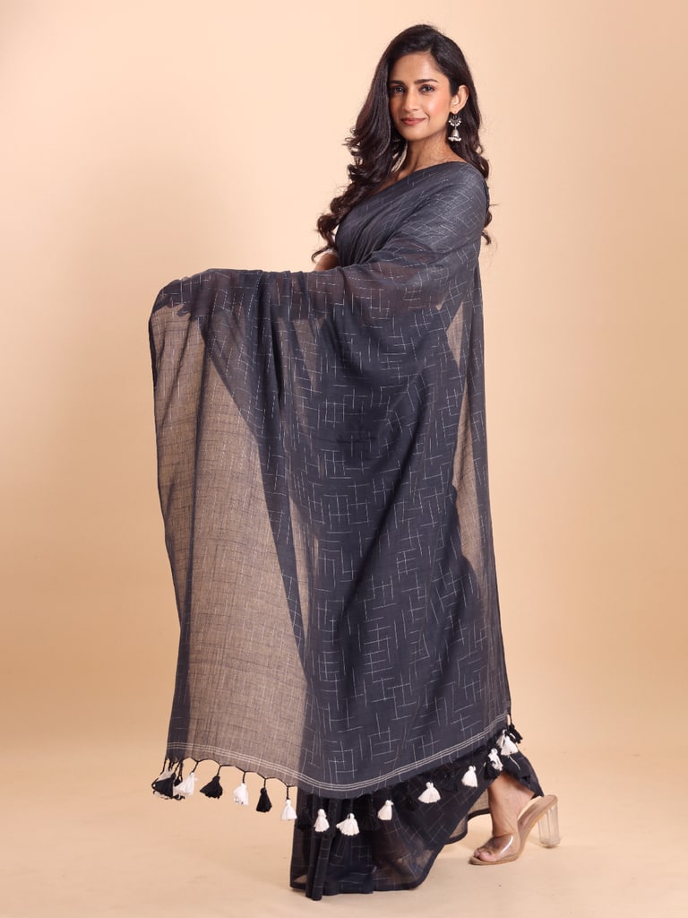 Handloom Malmal Cotton Tie-Dye Saree - Charcoal