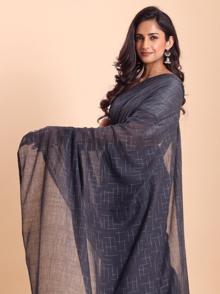 Handloom Malmal Cotton Tie-Dye Saree - Charcoal