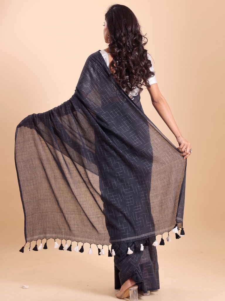 Handloom Malmal Cotton Tie-Dye Saree - Charcoal