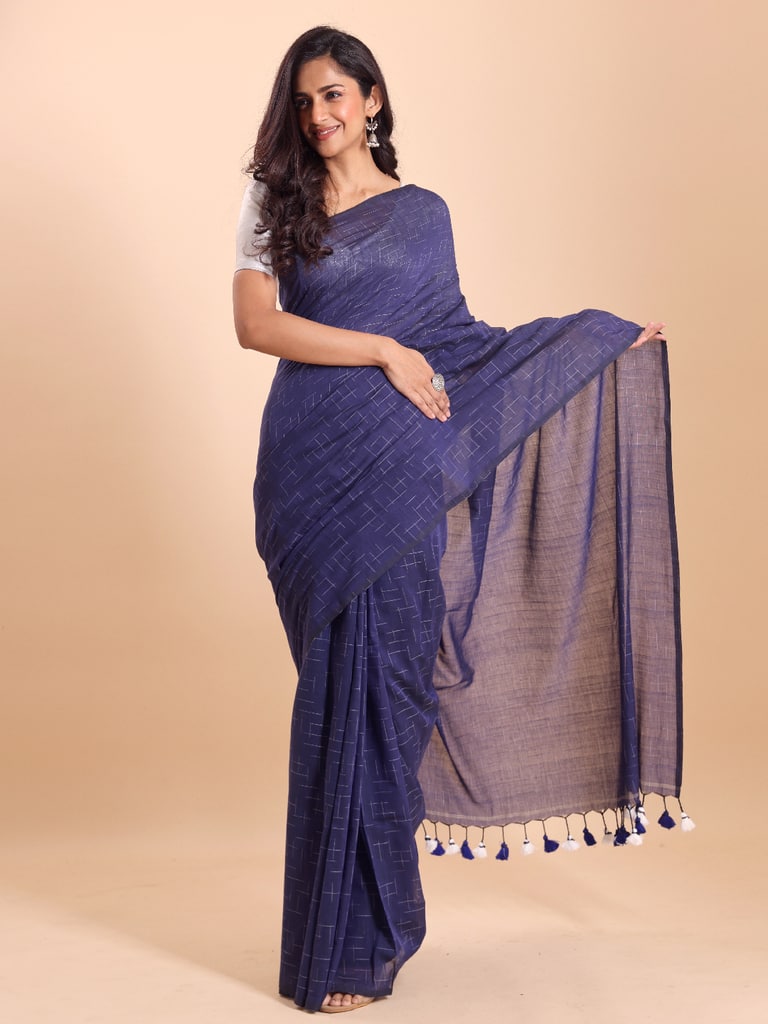 Handloom Malmal Cotton Tie-Dye Saree - Navy