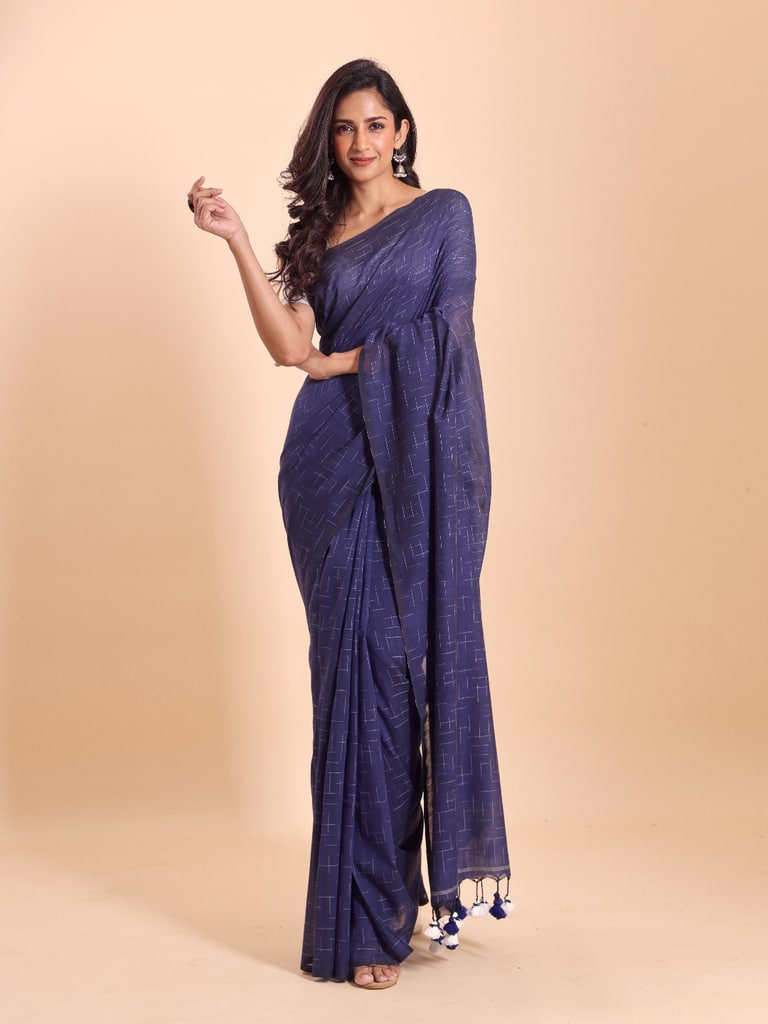 Handloom Malmal Cotton Tie-Dye Saree - Navy