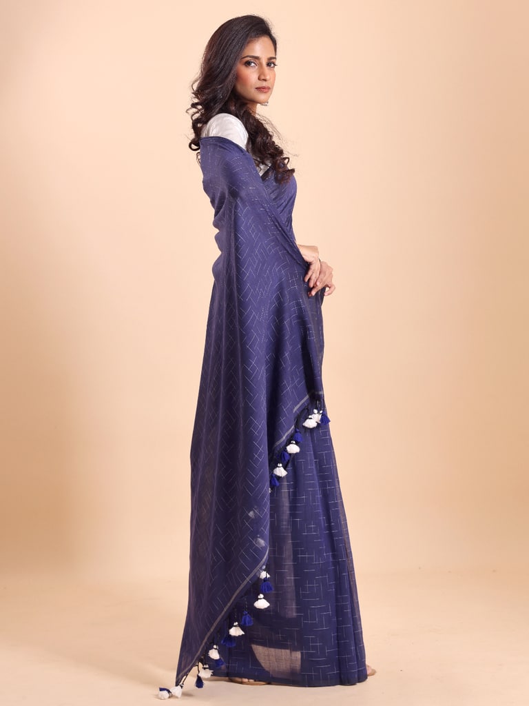 Handloom Malmal Cotton Tie-Dye Saree - Navy