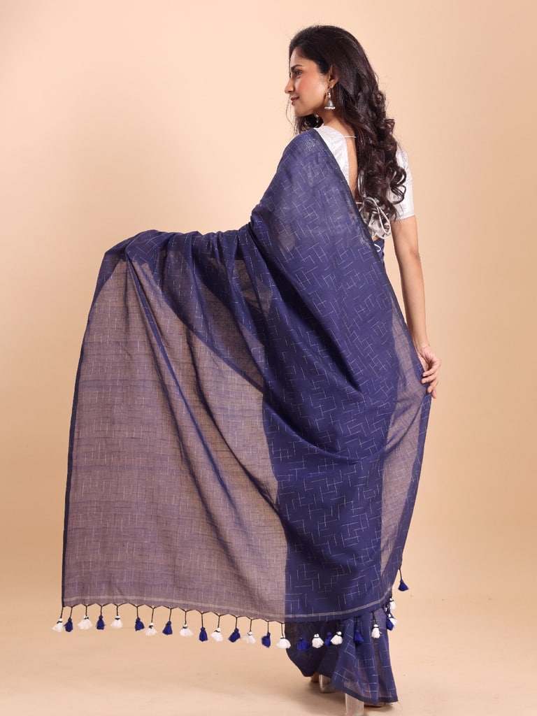 Handloom Malmal Cotton Tie-Dye Saree - Navy