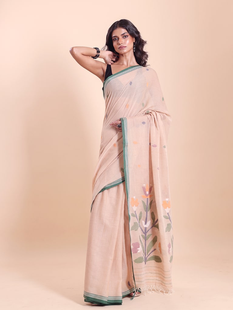 Handloom Malmal Cotton Handwoven Jamdani Saree - Peanut