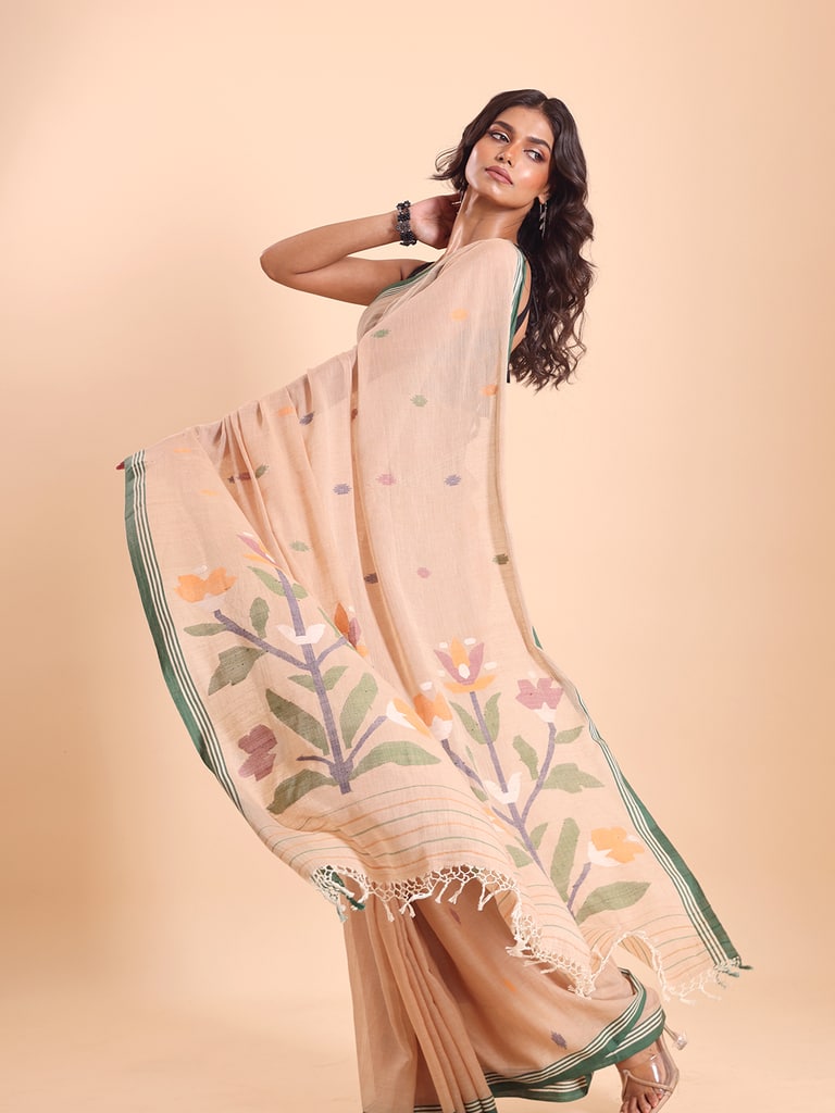 Handloom Malmal Cotton Handwoven Jamdani Saree - Peanut