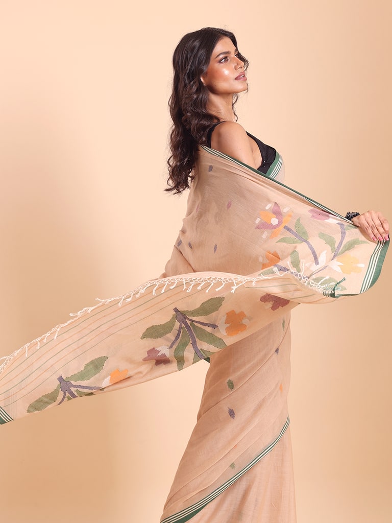 Handloom Malmal Cotton Handwoven Jamdani Saree - Peanut