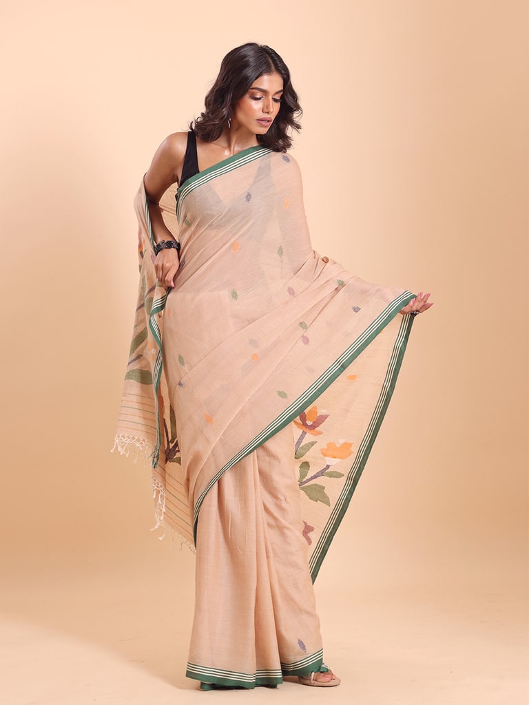 Handloom Malmal Cotton Handwoven Jamdani Saree - Peanut