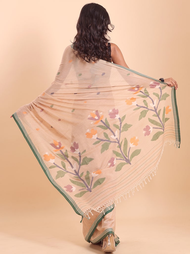 Handloom Malmal Cotton Handwoven Jamdani Saree - Peanut