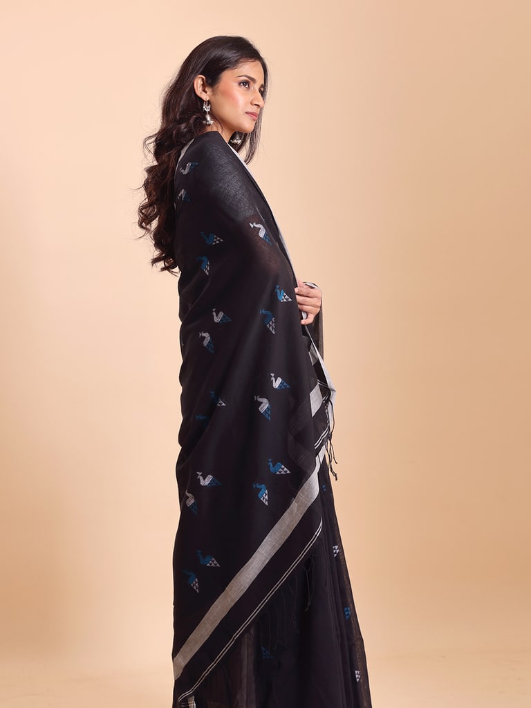 Handloom Cotton Mayur Jamdani Saree - Black