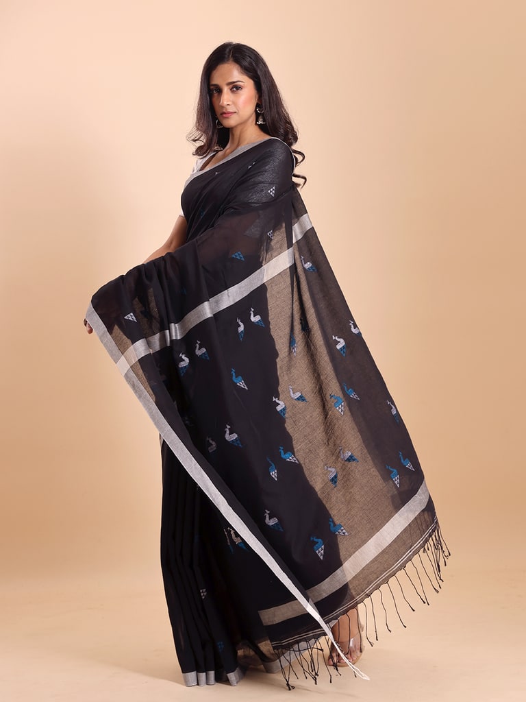 Handloom Cotton Mayur Jamdani Saree - Black