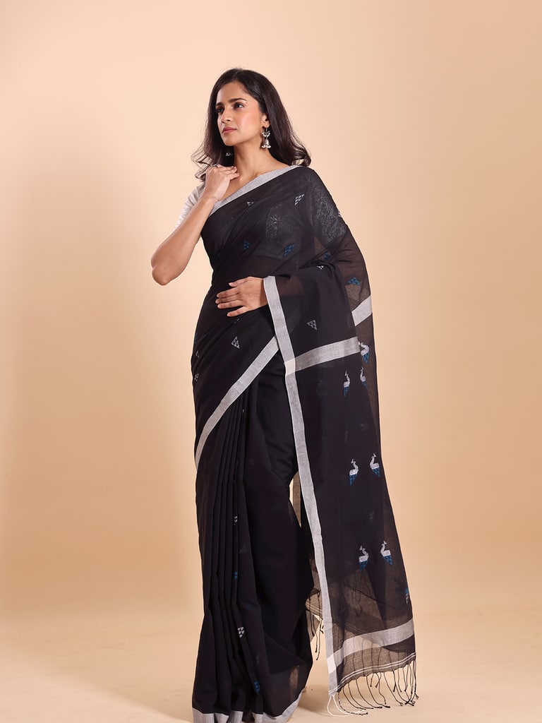 Handloom Cotton Mayur Jamdani Saree - Black