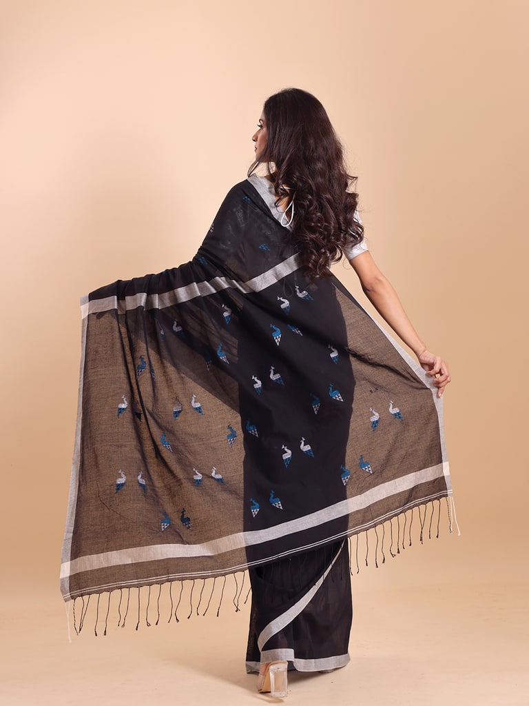 Handloom Cotton Mayur Jamdani Saree - Black