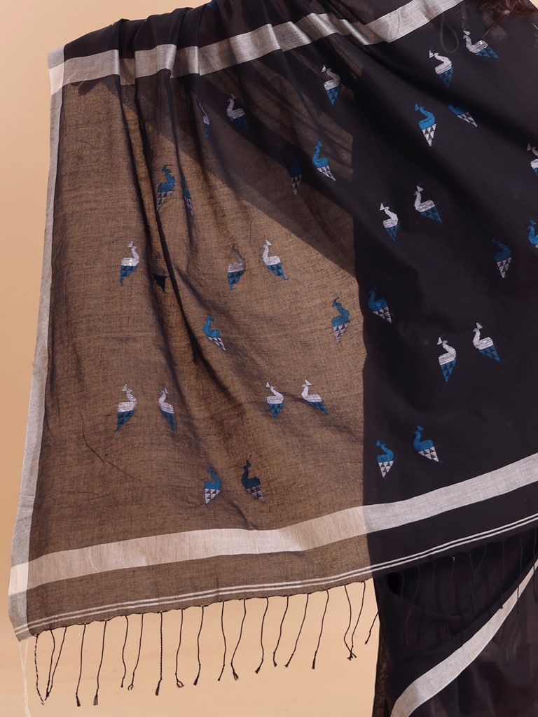 Handloom Cotton Mayur Jamdani Saree - Black