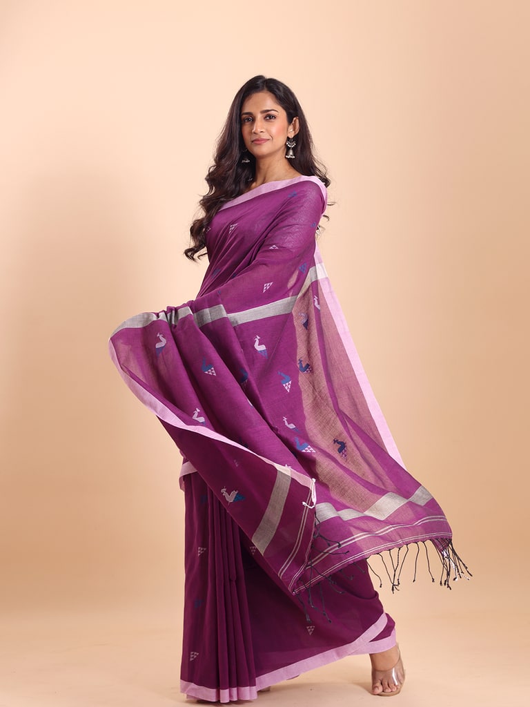 Handloom Cotton Mayur Jamdani Saree - Purple Orcid
