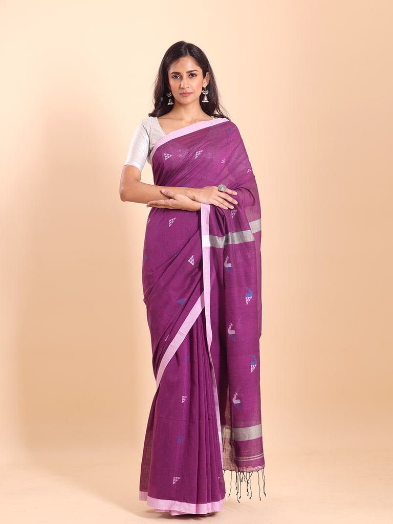 Handloom Cotton Mayur Jamdani Saree - Purple Orcid