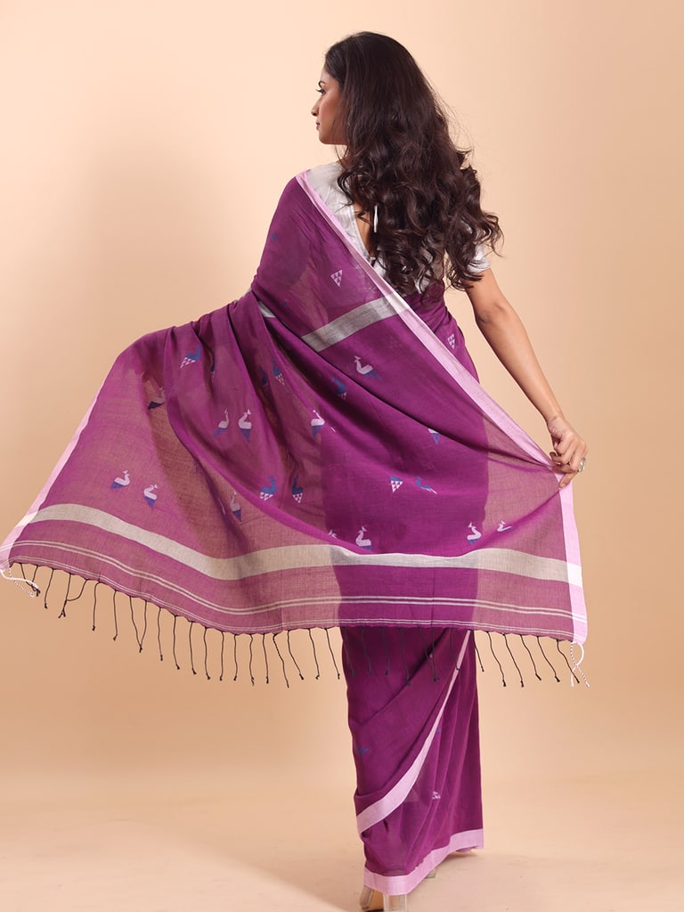 Handloom Cotton Mayur Jamdani Saree - Purple Orcid