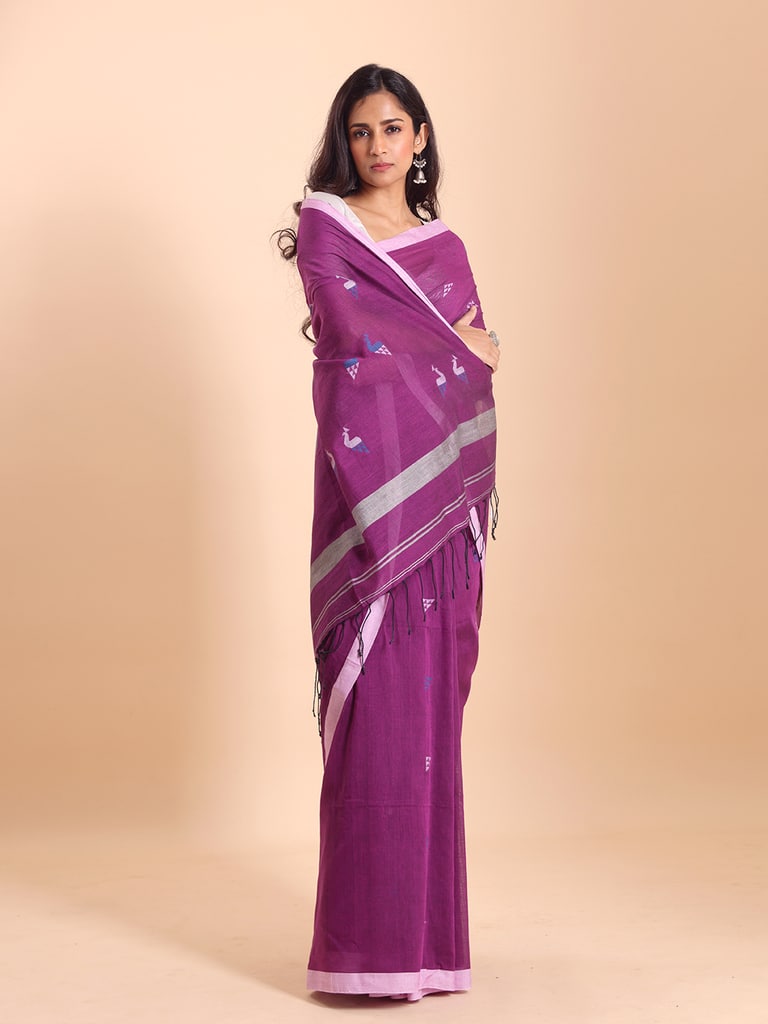Handloom Cotton Mayur Jamdani Saree - Purple Orcid