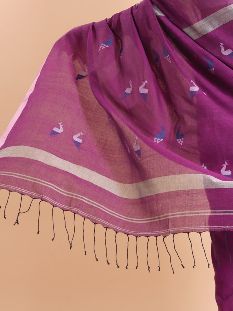 Handloom Cotton Mayur Jamdani Saree - Purple Orcid