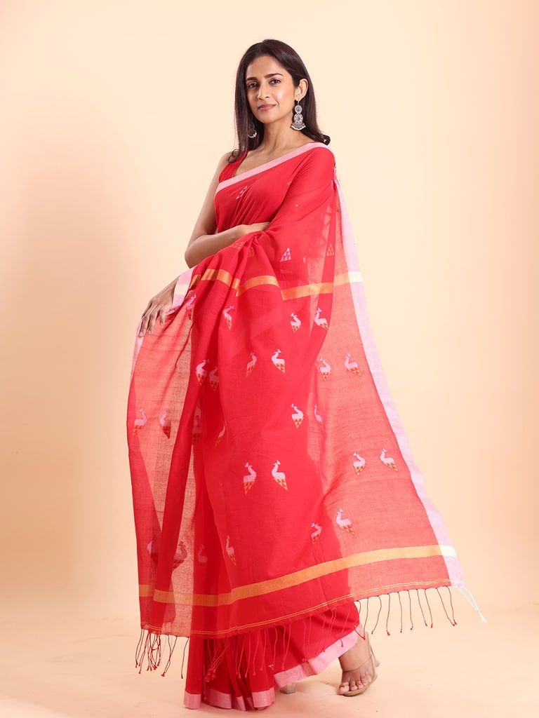 Handloom Cotton Mayur Jamdani Saree - Red