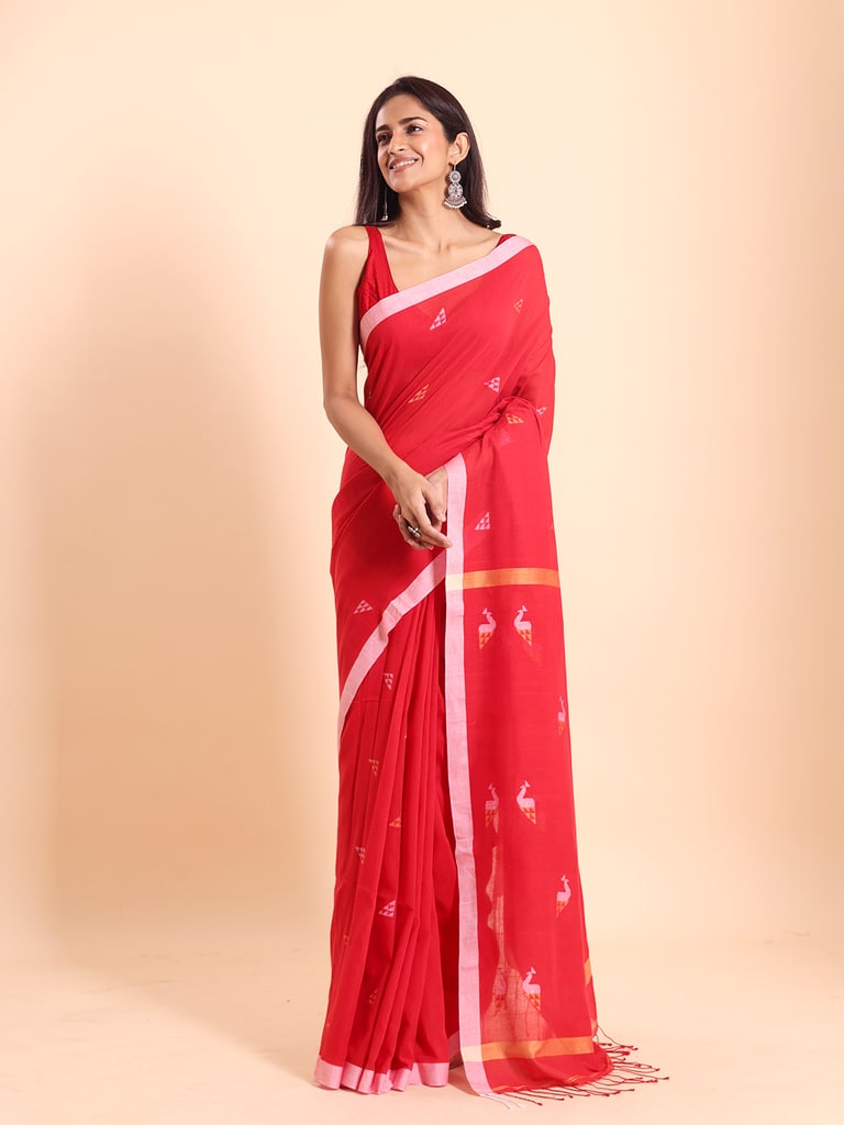 Handloom Cotton Mayur Jamdani Saree - Red