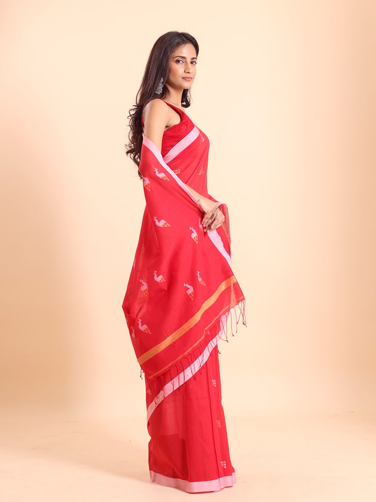 Handloom Cotton Mayur Jamdani Saree - Red