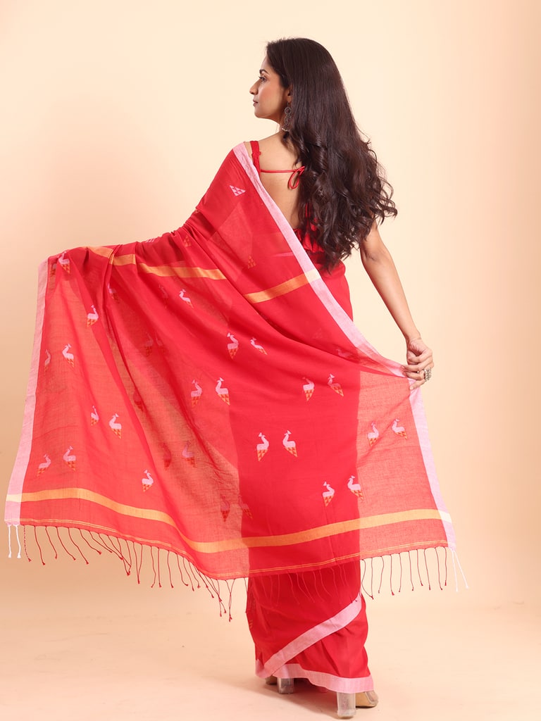 Handloom Cotton Mayur Jamdani Saree - Red