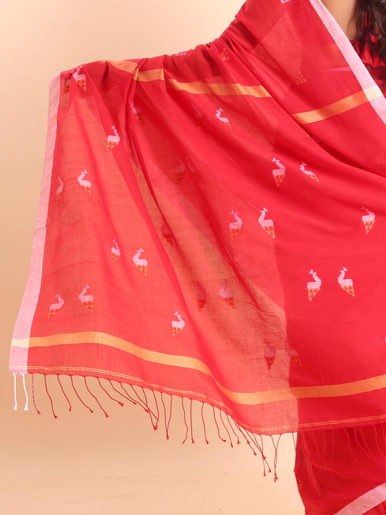 Handloom Cotton Mayur Jamdani Saree - Red