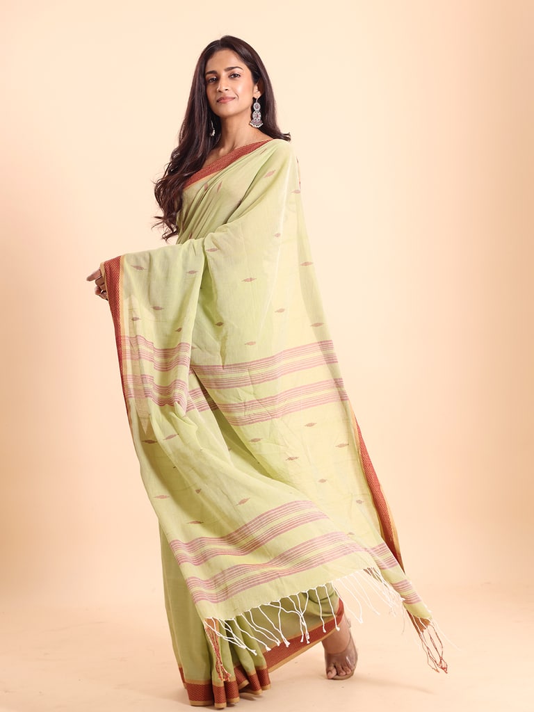 Handloom Buti Santipuri Saree - Pale Green