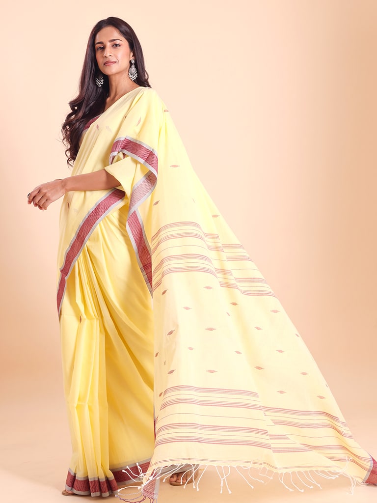 Handloom Buti Santipuri Saree - Pastel Yellow