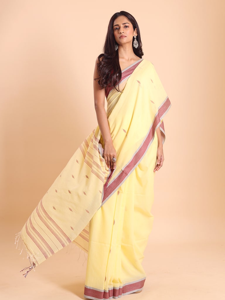 Handloom Buti Santipuri Saree - Pastel Yellow