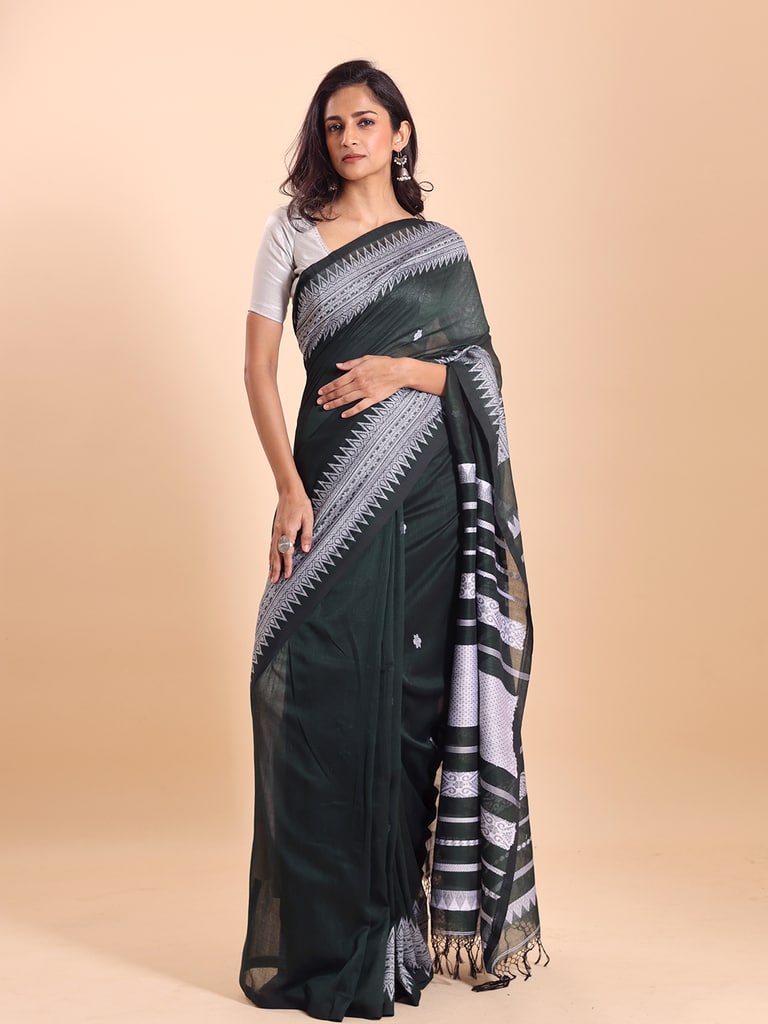 Handloom Cotton Derpar Jamdani Saree - Bottle Green