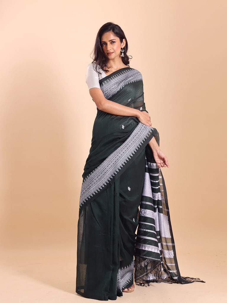Handloom Cotton Derpar Jamdani Saree - Bottle Green