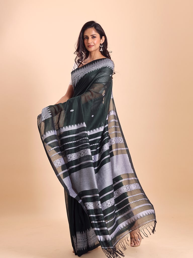 Handloom Cotton Derpar Jamdani Saree - Bottle Green