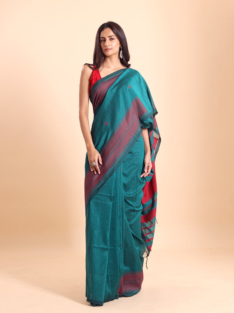 Handloom Cotton Derpar Jamdani Saree - Turquoise