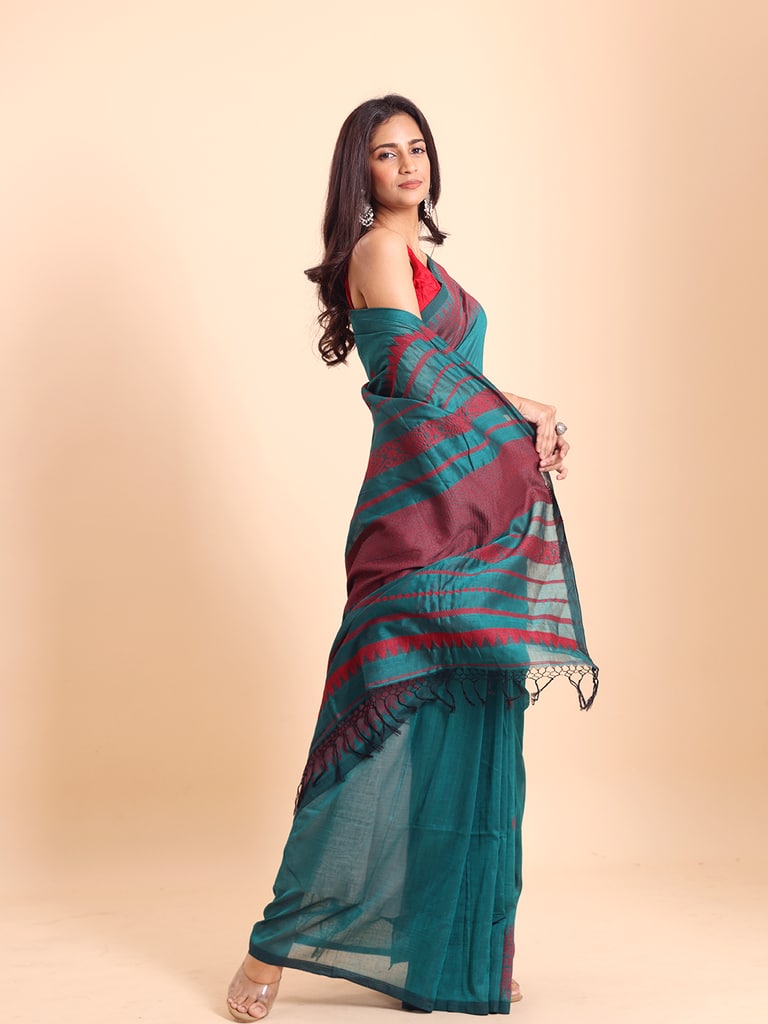 Handloom Cotton Derpar Jamdani Saree - Turquoise