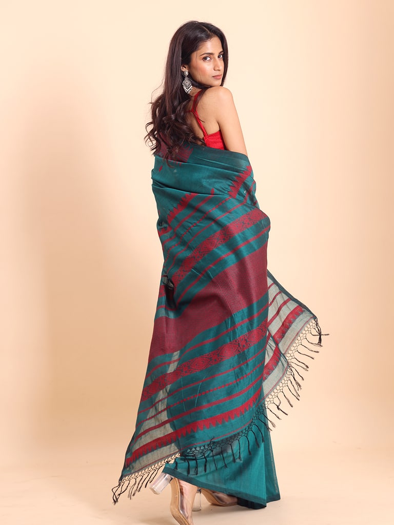 Handloom Cotton Derpar Jamdani Saree - Turquoise
