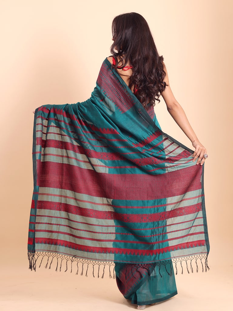 Handloom Cotton Derpar Jamdani Saree - Turquoise