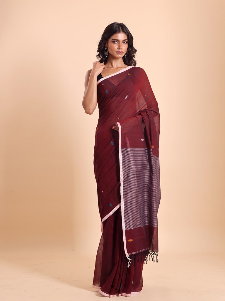Handloom Stripe Anchal Buti Saree - Maroon