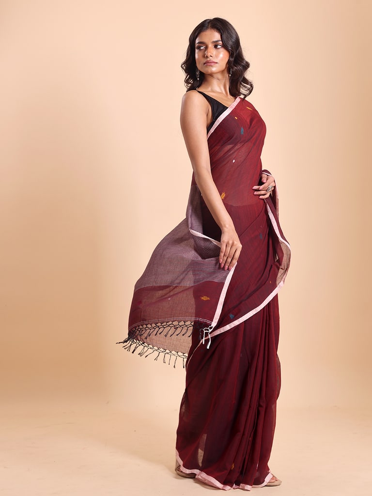 Handloom Stripe Anchal Buti Saree - Maroon