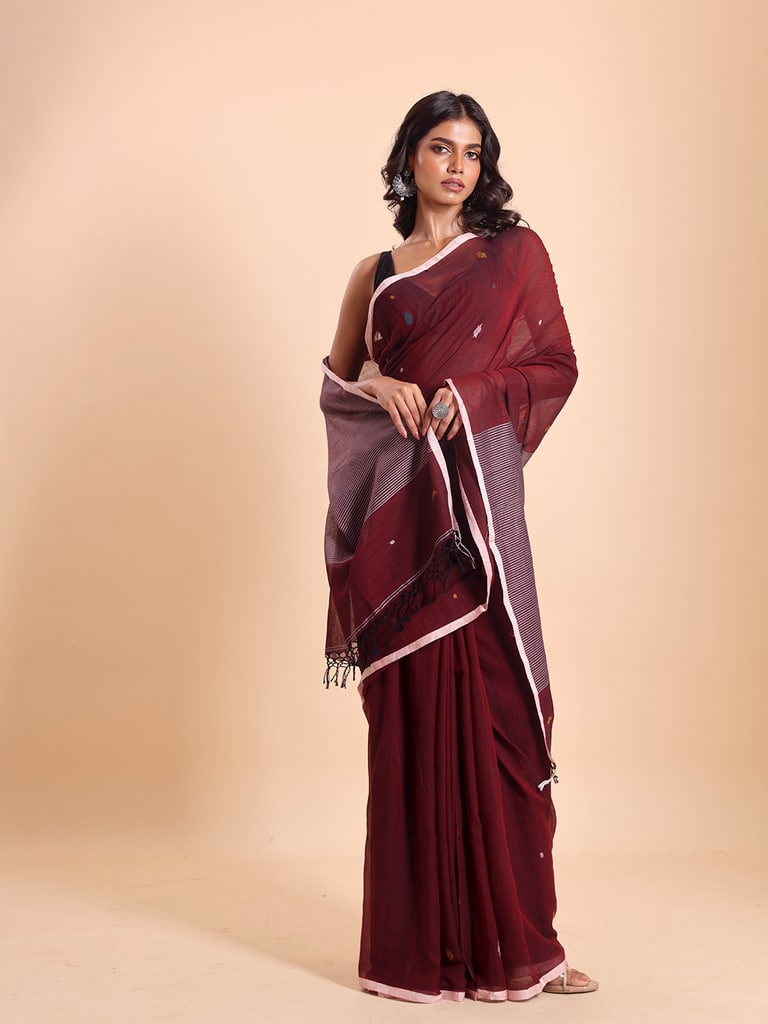 Handloom Stripe Anchal Buti Saree - Maroon